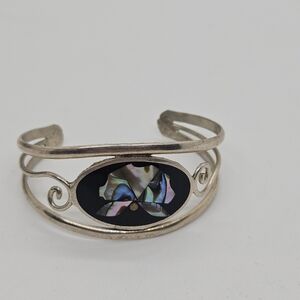Alpaca Mexico abalone inlay flower cuff bracelet